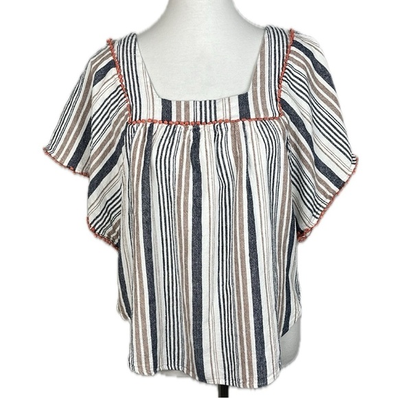 For Cynthia Striped Linen Blend Neck Boho Peasant Top Sz L Coastal Flaw - Picture 1 of 14